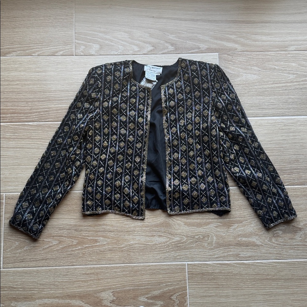 VTG NWT Papell Boutique Silk Beaded Jacket deadstock gold black silver